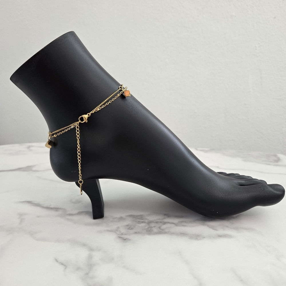 Dainty Gold Cube Charm Anklet Layered Double Strand Foot Bracelet Boho Beach - Picture 7 of 11
